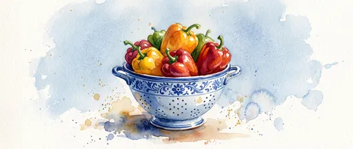 Watercolor Bell Peppers in Ceramic Colander