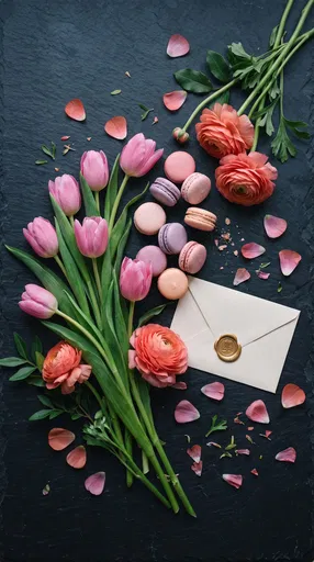 Floral Flat Lay With Macarons and Envelope