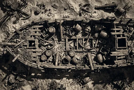 Top-Down Sepia Pirate Shipwreck on Sand
