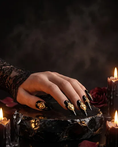 Gothic Valentine Nails With Gold Sacred Hearts