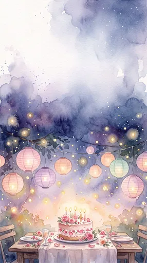 Watercolor Birthday Cake and Pastel Garden Lanterns