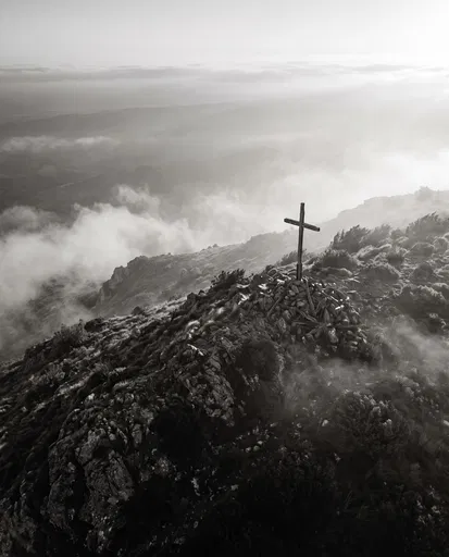 Monochrome Wooden Cross on Misty Ridge