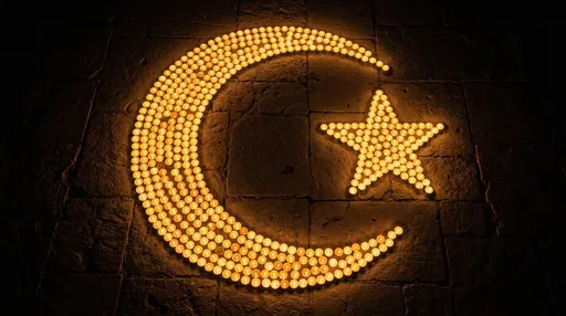 Glowing Candles Forming Crescent and Star Symbol
