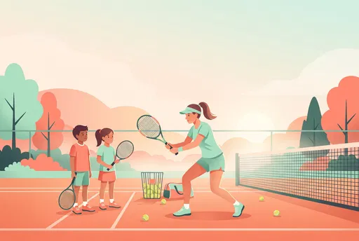 Tennis Coach Teaching Two Kids on Court