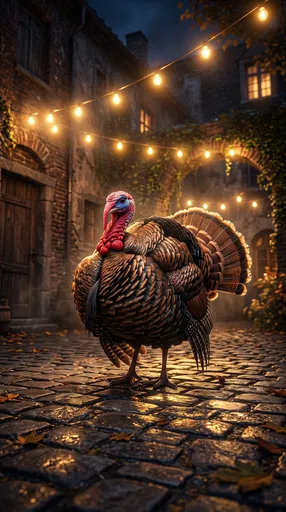 Turkey in Lit Cobblestone Courtyard at Night