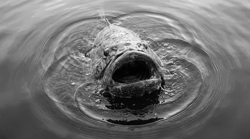 Monochrome Grouper Surfacing With Open Mouth