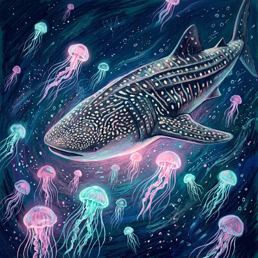 Whale Shark and Glowing Jellyfish Illustration