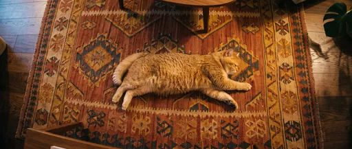 Golden Cat Sleeping on Patterned Kilim Rug