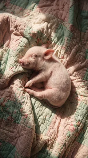 Sleeping Pink Piglet on Pastel Quilt