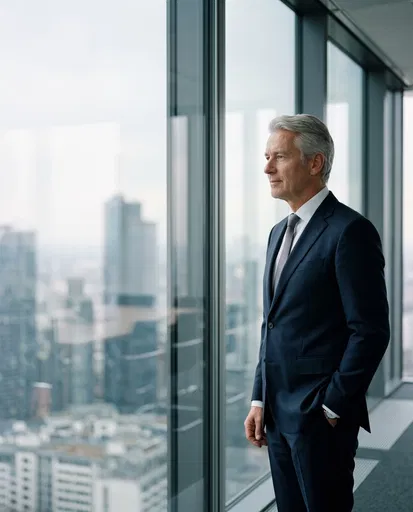 Silver-Haired Executive Looking Out Office Window