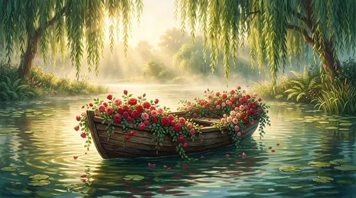 Wooden Rowboat With Roses On Misty Pond