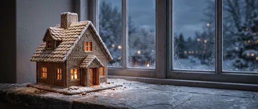 Illuminated Gingerbread House on Stone Windowsill