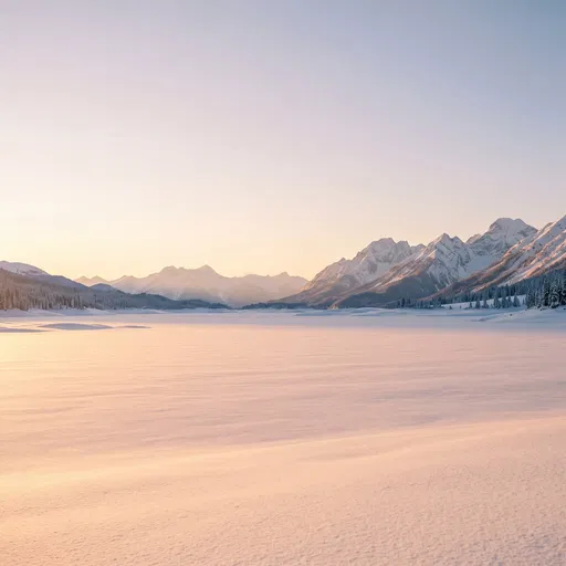 Sunlit Frozen Alpine Lake and Mountains