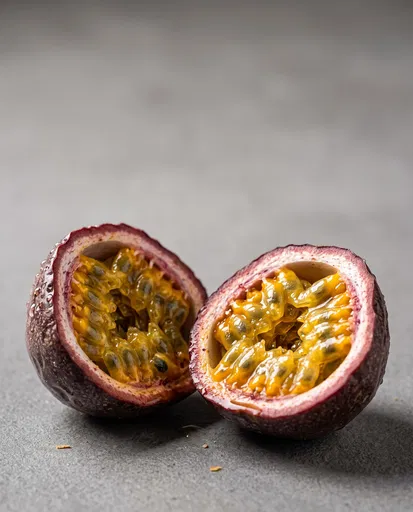 Halved Purple Passion Fruit on Gray Surface