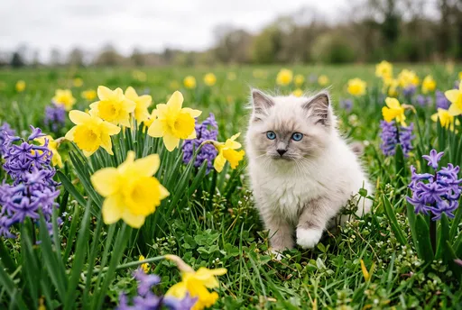 Ragdoll Kitten in Spring Flower Meadow