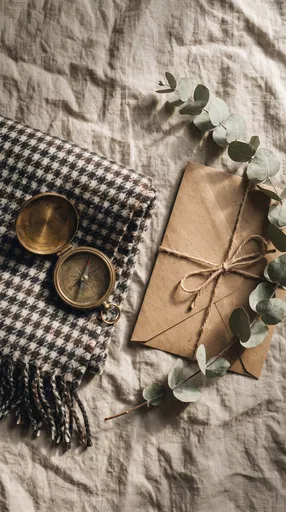 Vintage Compass Scarf and Envelope Flat Lay
