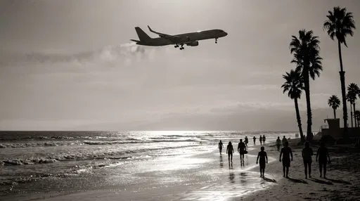 Monochrome Jet Flying Over Silhouetted Beach