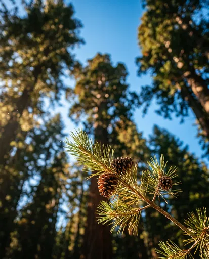 Sunlit Pine Branch Against Blurred Forest