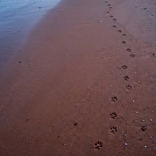 Paw Prints Trail on Wet Beach Sand