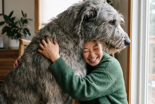 Woman Hugging Giant Irish Wolfhound Indoors
