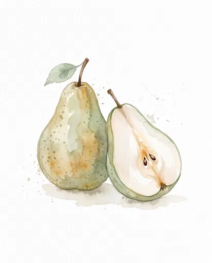 Watercolor Green Pear and Sliced Half