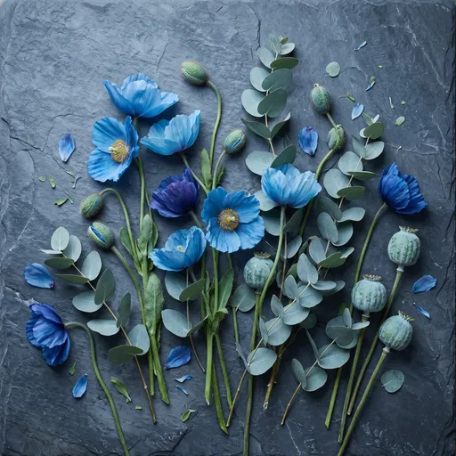 Blue Poppies and Eucalyptus Flat Lay