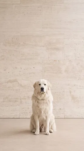 Great Pyrenees Sitting Against Travertine Wall