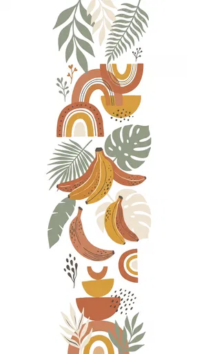 Boho Bananas and Botanical Leaves Vertical Illustration