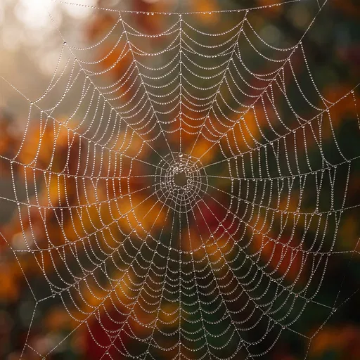 Dew-Covered Spiderweb in Autumn Light