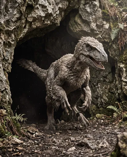 Feathered Utahraptor Emerging From Dark Cave