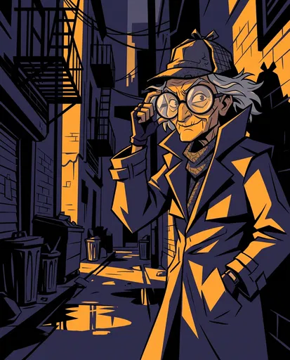 Elderly Detective in Shadowy Alleyway Illustration