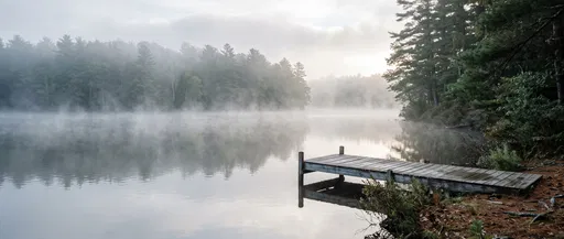 Misty Morning Lake With Wooden Dock