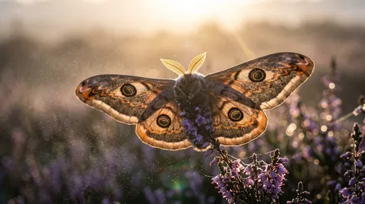 Backlit Emperor Moth on Wild Heather