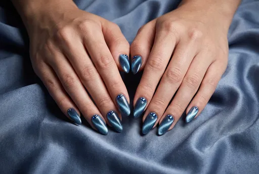 Blue Cat-Eye Manicure on Silk