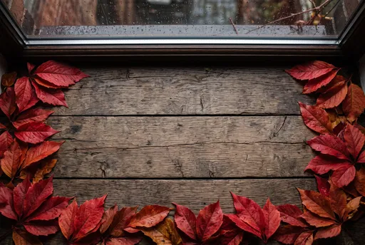 Red Autumn Leaves Border on Wooden Windowsill
