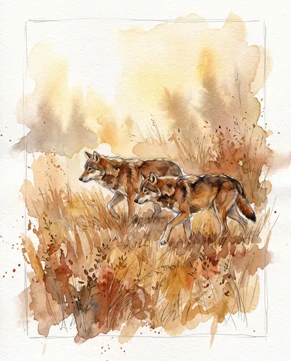 Watercolor Illustration of Two Wolves in Grass