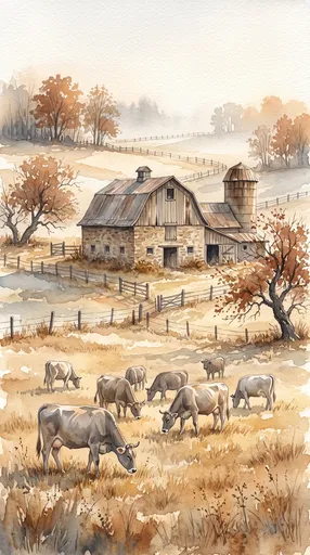 Watercolor Illustration of Autumn Dairy Farm