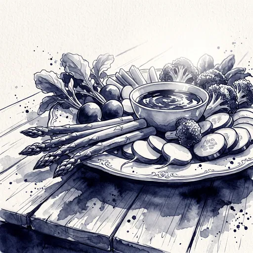 Indigo Watercolor Crudite Vegetable Platter Illustration