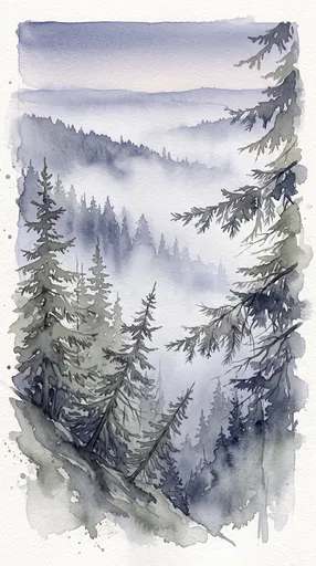 Watercolor Mountain Forest in Valley Fog