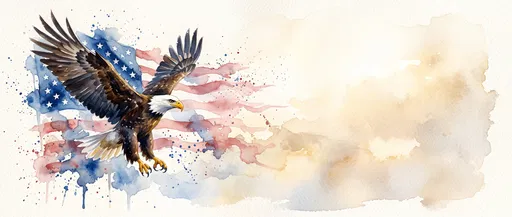 Watercolor Bald Eagle and American Flag Banner