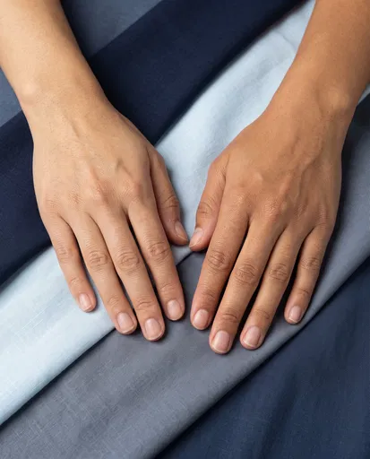 Olive Skin Hands on Blue Fabric Swatches