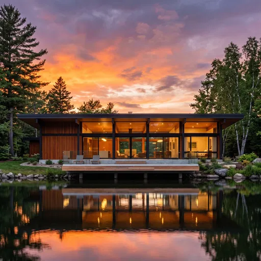 Modern Lakeside Home at Sunset