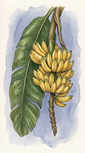 Botanical Watercolor Illustration of Banana Cluster