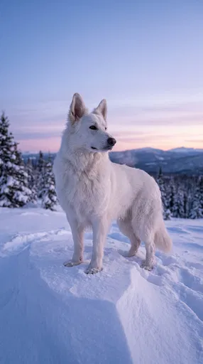 White Shepherd Dog on Snowy Mountain