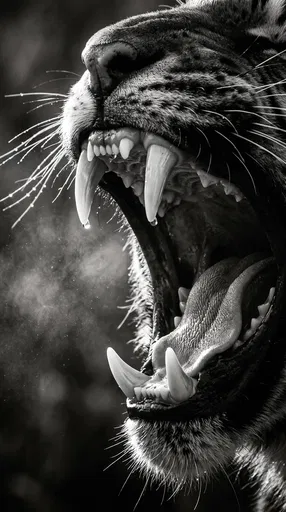 Monochrome Close-Up of Roaring Tiger Jaws