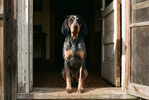 Bluetick Coonhound Sitting in Rustic Doorway