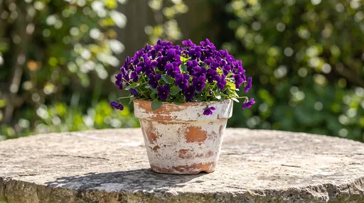 Purple Violets in Weathered Terracotta Pot