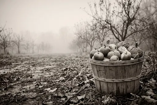 Sepia Basket of Apples and Gourds