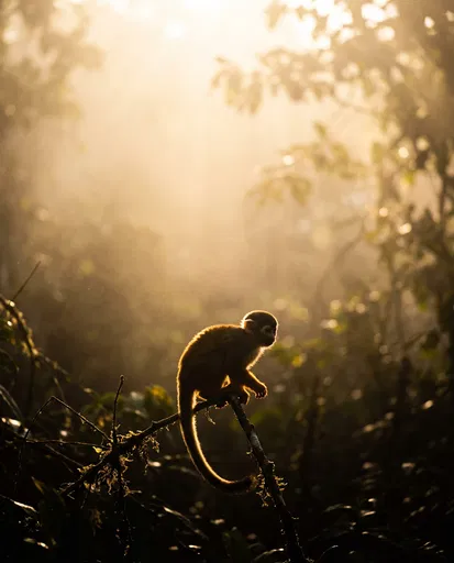 Backlit Squirrel Monkey in Misty Forest