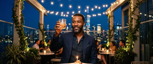 Man Raising Glass for Rooftop Birthday Toast